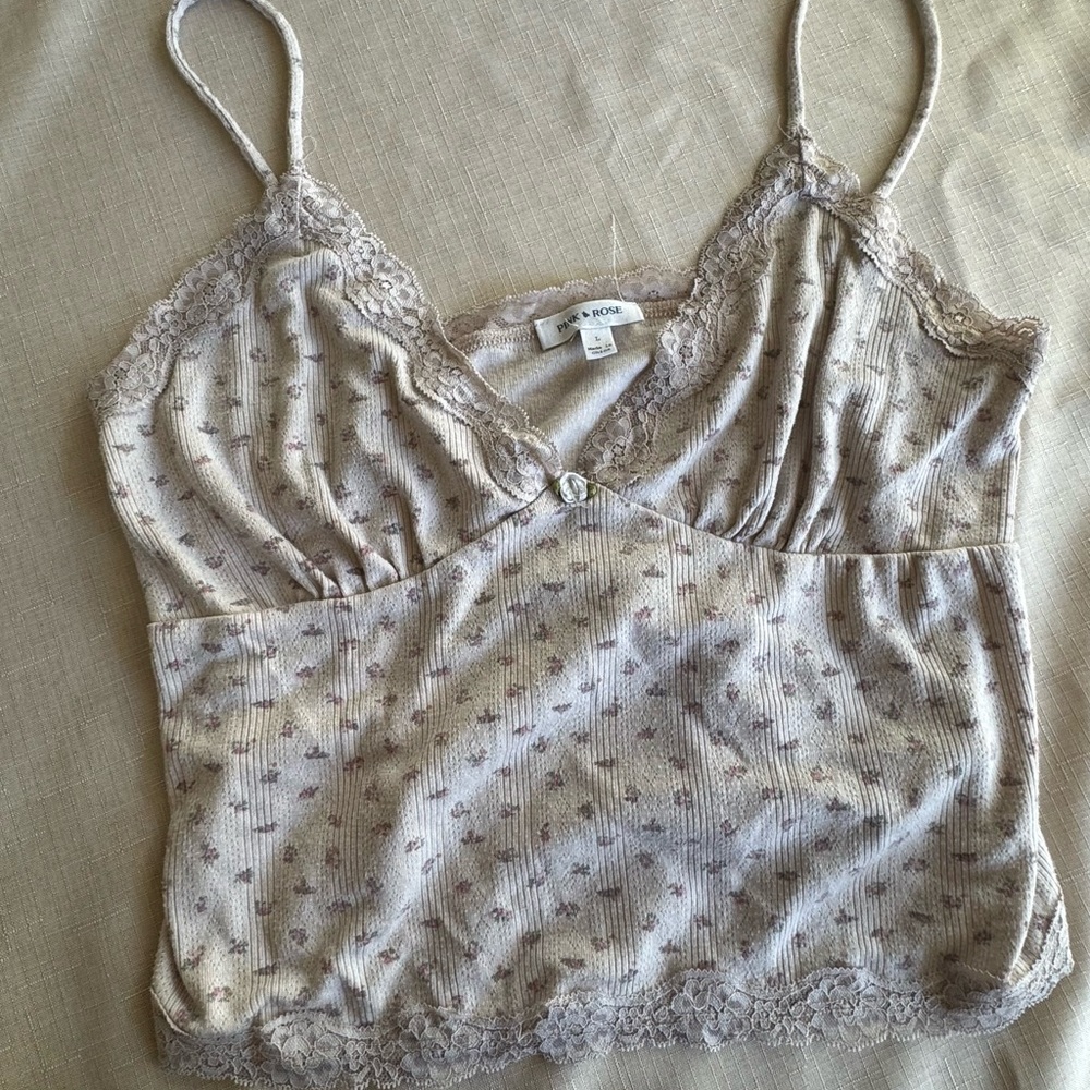 Pink Rose Floral Lace Trim Cami Tank Top Cottagecore Coquette Size L